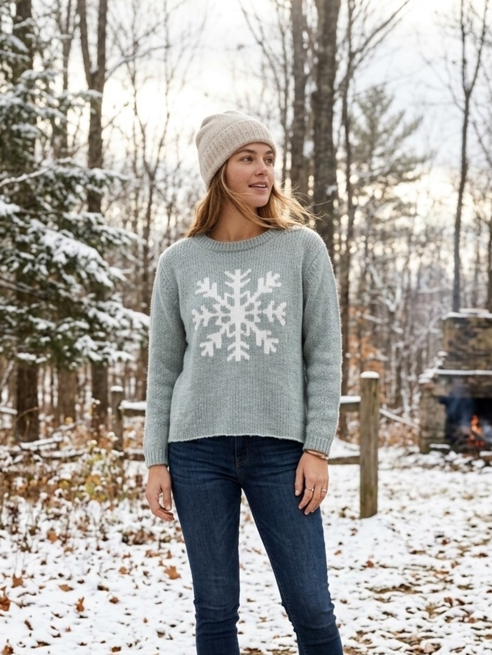Wooden Ships Sage Green Snowflake Crewneck Sweater